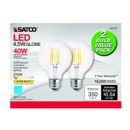Satco Satco G25 E26 (Medium) LED Bulb Warm White 40 Watt Equivalence 2 pk S21737